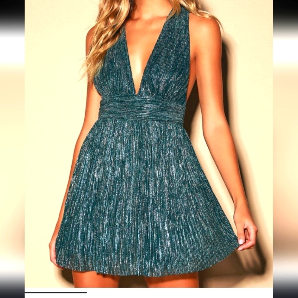 Lulus Ailey Gold and Teal Blue Skater Dress Size S